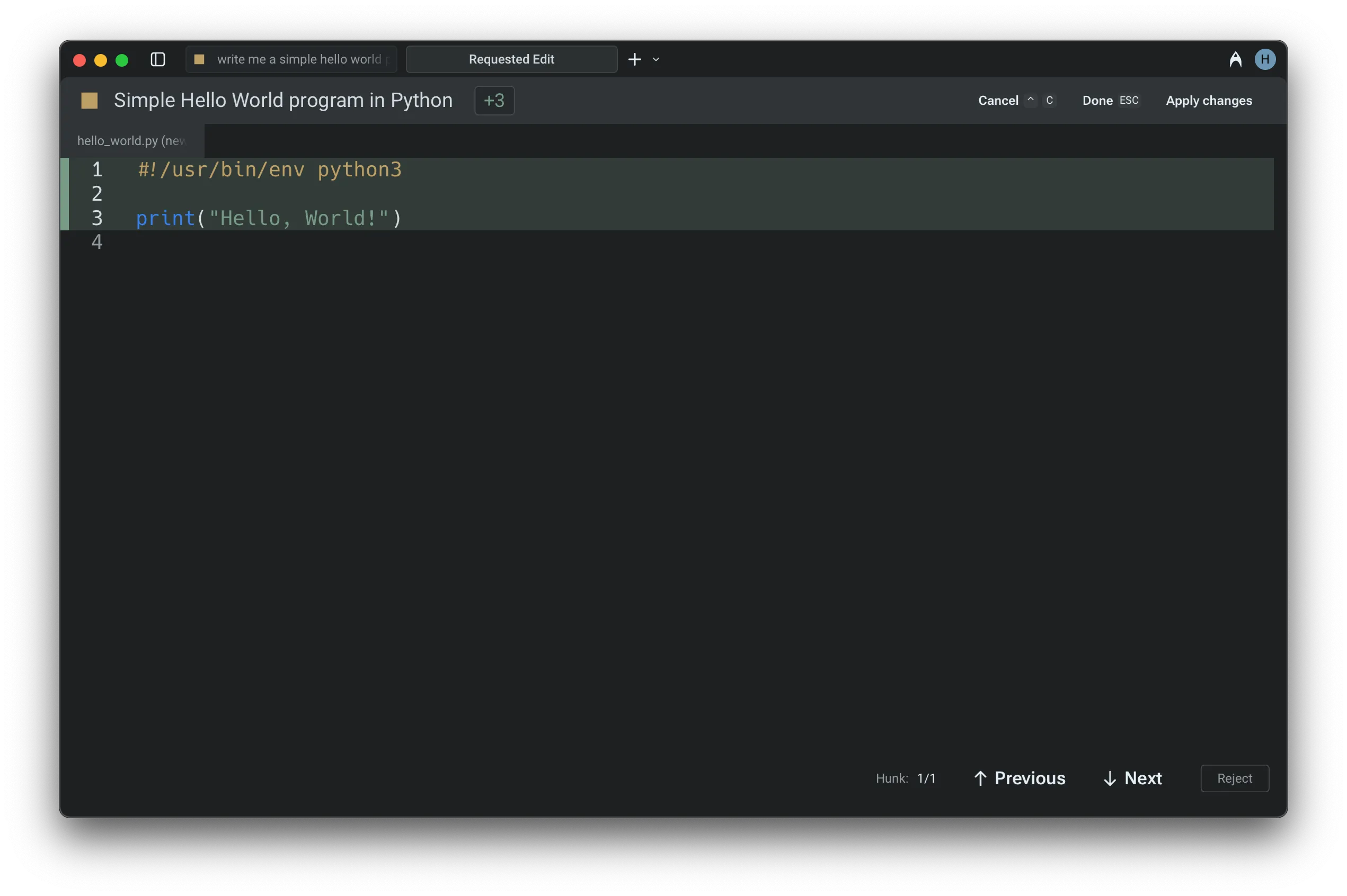 Editing a code diff directly in Warp's native code editor